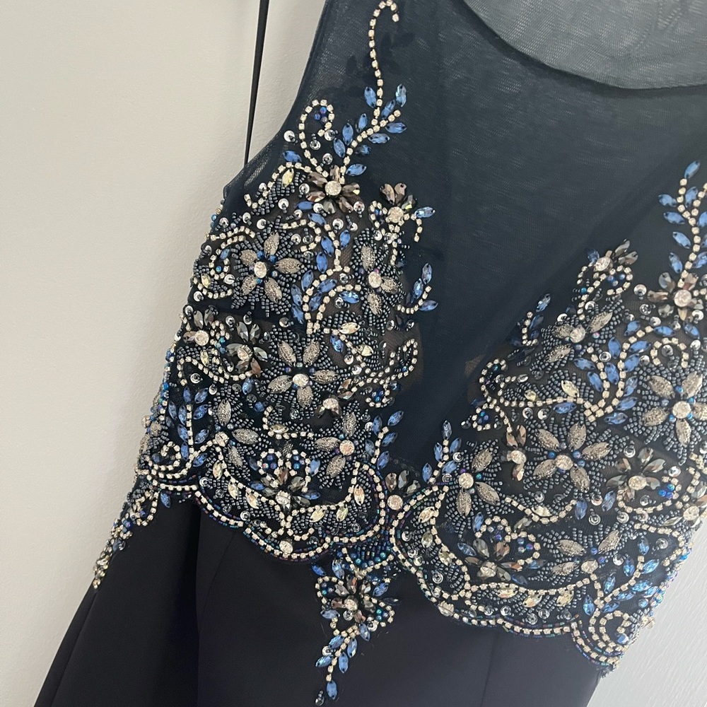 two piece beaded navy mermaid prom dress